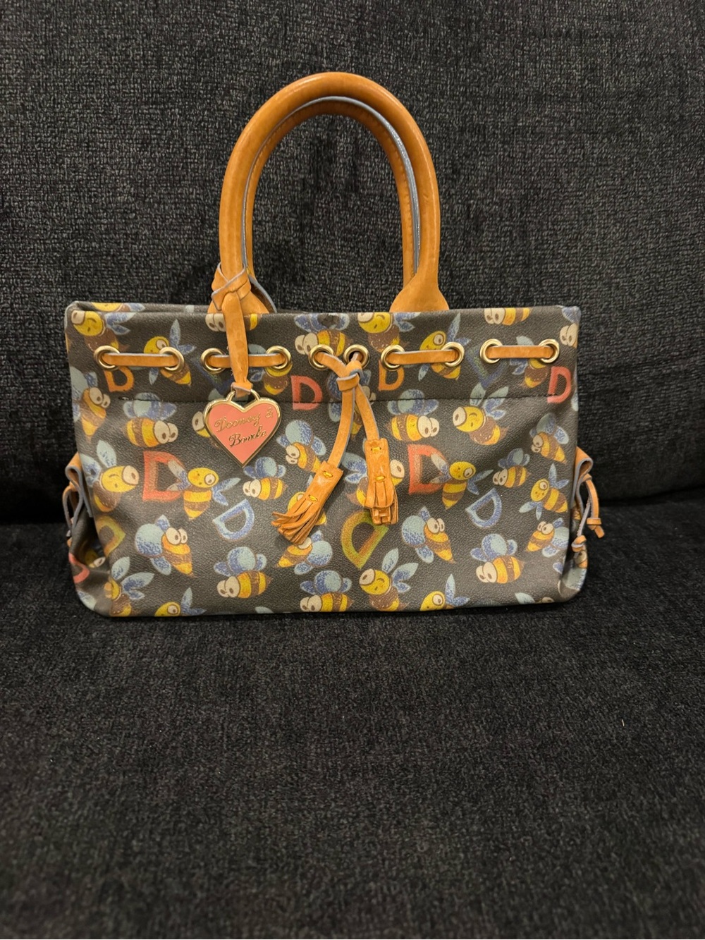 Dooney & Bourke Brown Bee Print Tote with Tan Leather Trim